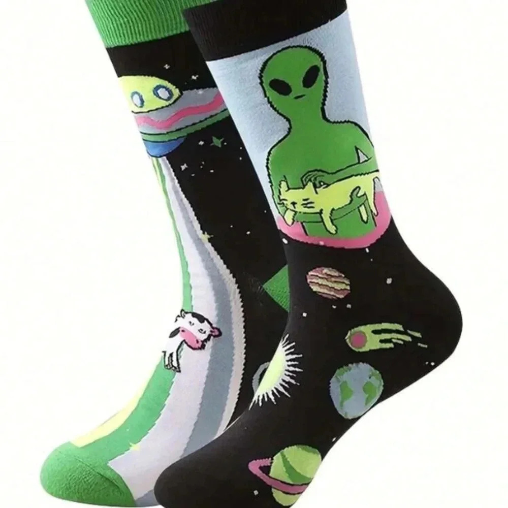 Black green yellow alien with cat and spaceship womens crew socks activewear